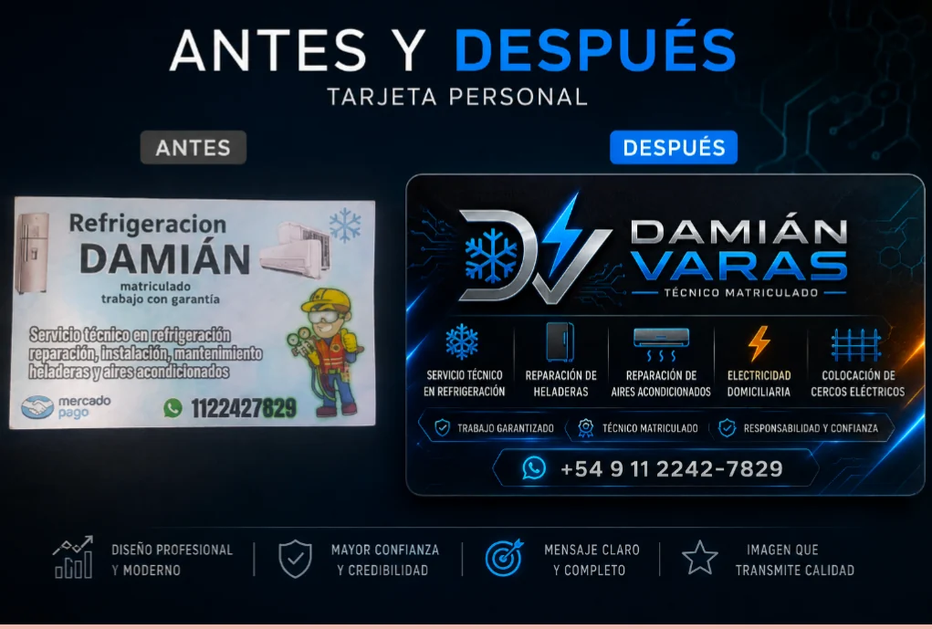 Antes y después del rediseño de la tarjeta personal de Damián Varas